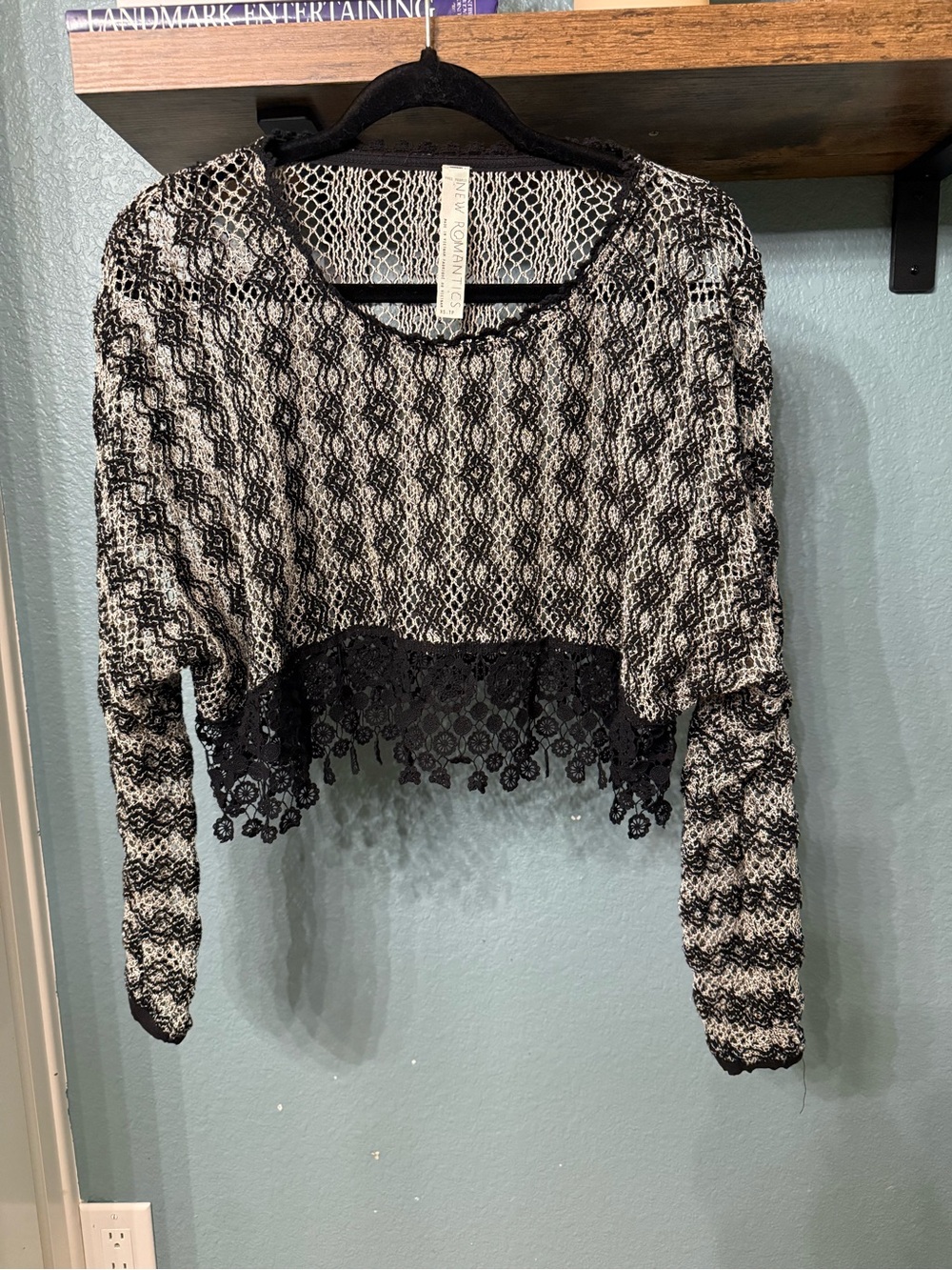 Free People New Romantics Crochet Lace Crop Sweater Black Ivory XS Boho Festival